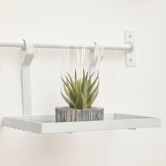 White shelf with a potted plant against a white wall