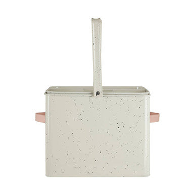 Rectangular storage basket with speckled pattern and handle on a white background