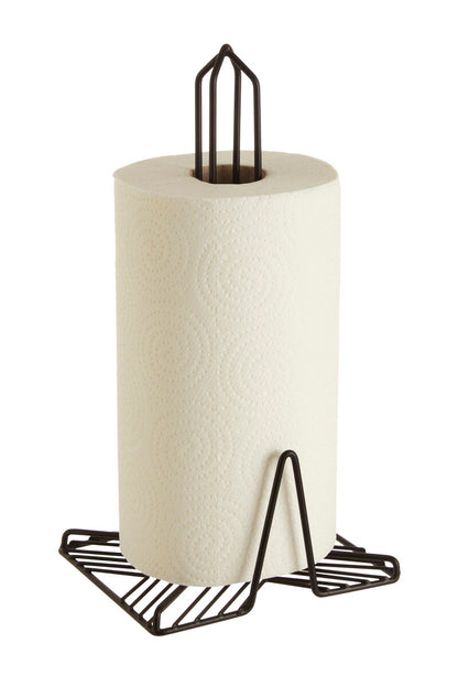 Paper towel roll on a black metal stand against a white background