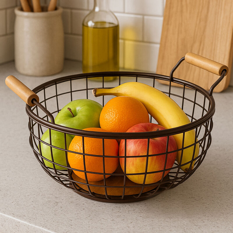 Wire fruit basket with apples, oranges, and bananas on a kitchen counter.
