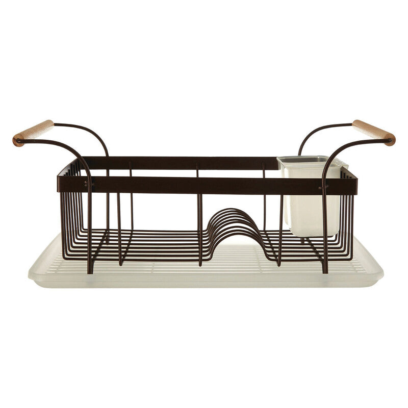 Dish drying rack with black metal design on a white background