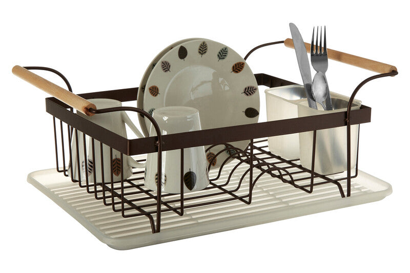 Dish drying rack with plates, cups, and utensils on a white background