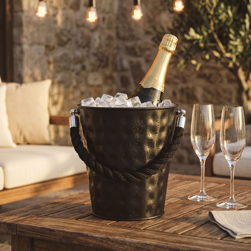 A hammered black metal ice bucket filled with ice, holding a champagne bottle, set on a wooden table outdoors with two champagne flutes, a stone wall, and warm string lights in the background.