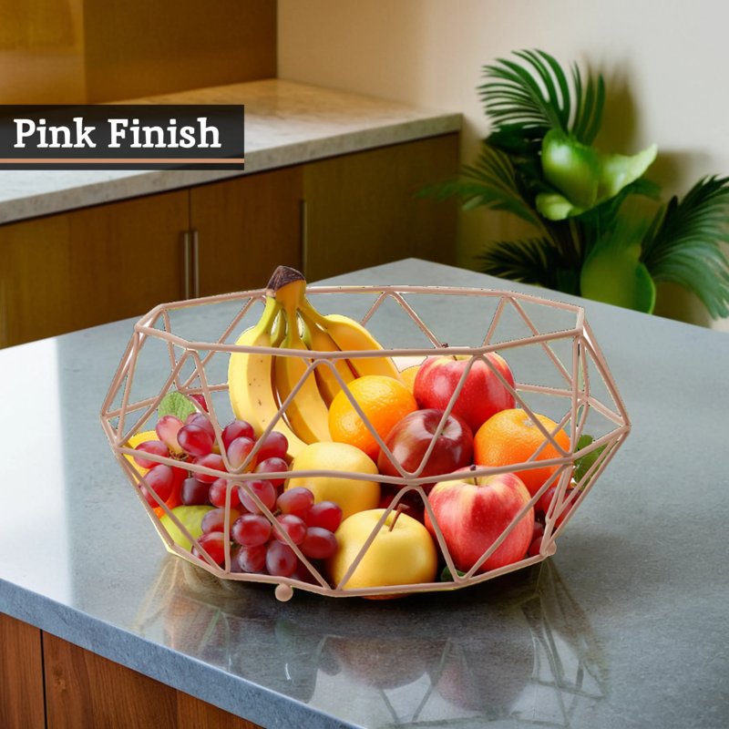 Fruit basket with pink geometric design on a kitchen counter