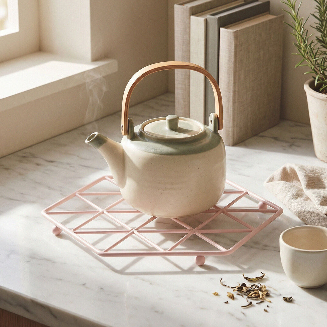 A cream-colored ceramic teapot with a light green lid and a rose gold metal handle, resting on a pink geometric silicone trivet on a white marble countertop. A small matching cream cup sits nearby, with books and a potted plant in the background.
