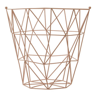 Copper wire basket with geometric design on a white background