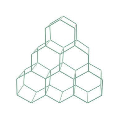 Geometric design of interlocking hexagonal shapes in teal on a white background