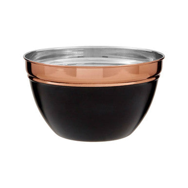 Black mixing bowl with copper rim on a white background