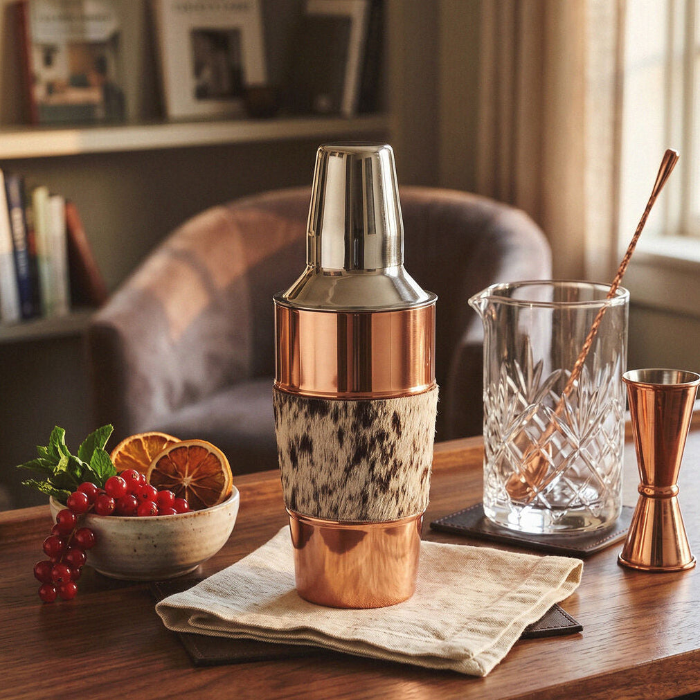 Albany Copper Finish and Hair on Leather Cocktail Shaker