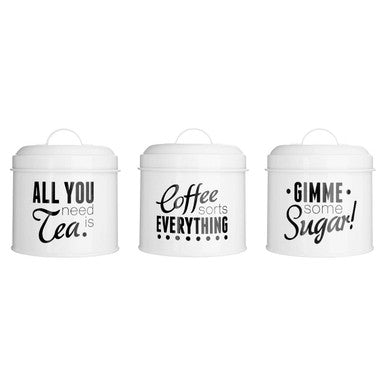 Three white canisters with black text on a white background