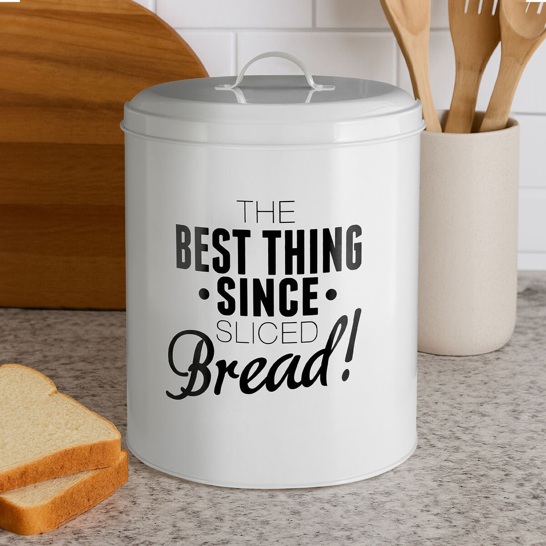 White bread bin with humorous text in a kitchen setting