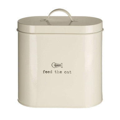 Beige metal cat food storage container with &