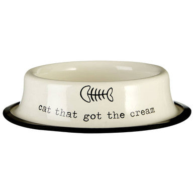 White pet bowl with black text and design on a white background