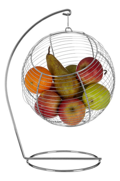 Wire fruit basket with fruits on a white background
