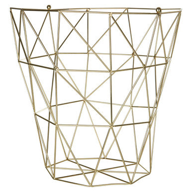 Gold geometric wire basket on a white background