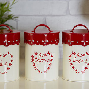 Anglaise Cream and Red Metal Canister Set of 3 with Decorative Detail