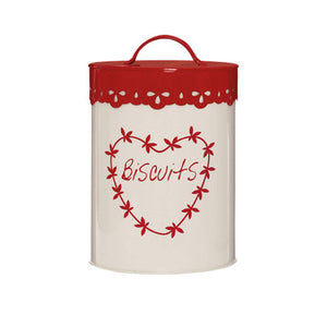 Anglaise Cream and Red Metal Biscuit Canister with Heart Detail