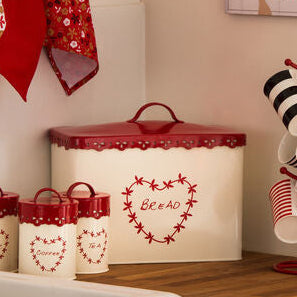 Anglaise Cream and Red Metal Bread Bin with Decorative Detail
