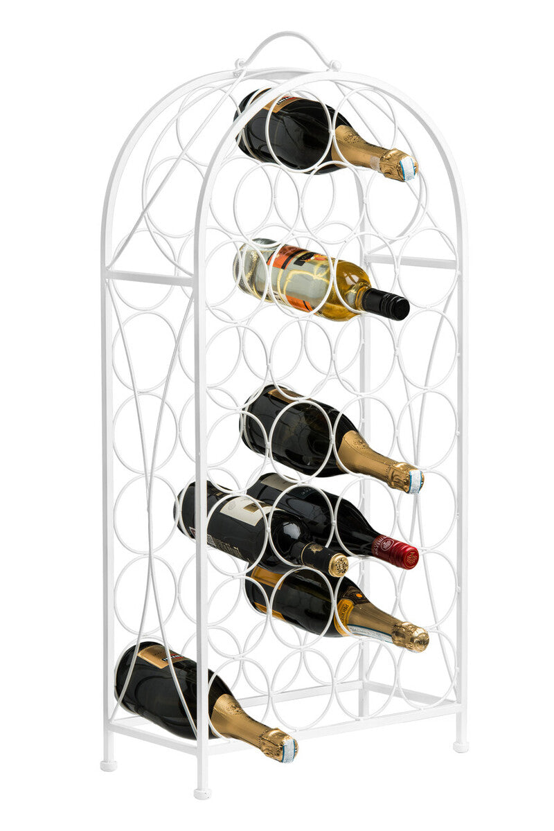 White metal wine rack holding six bottles of wine on a white background