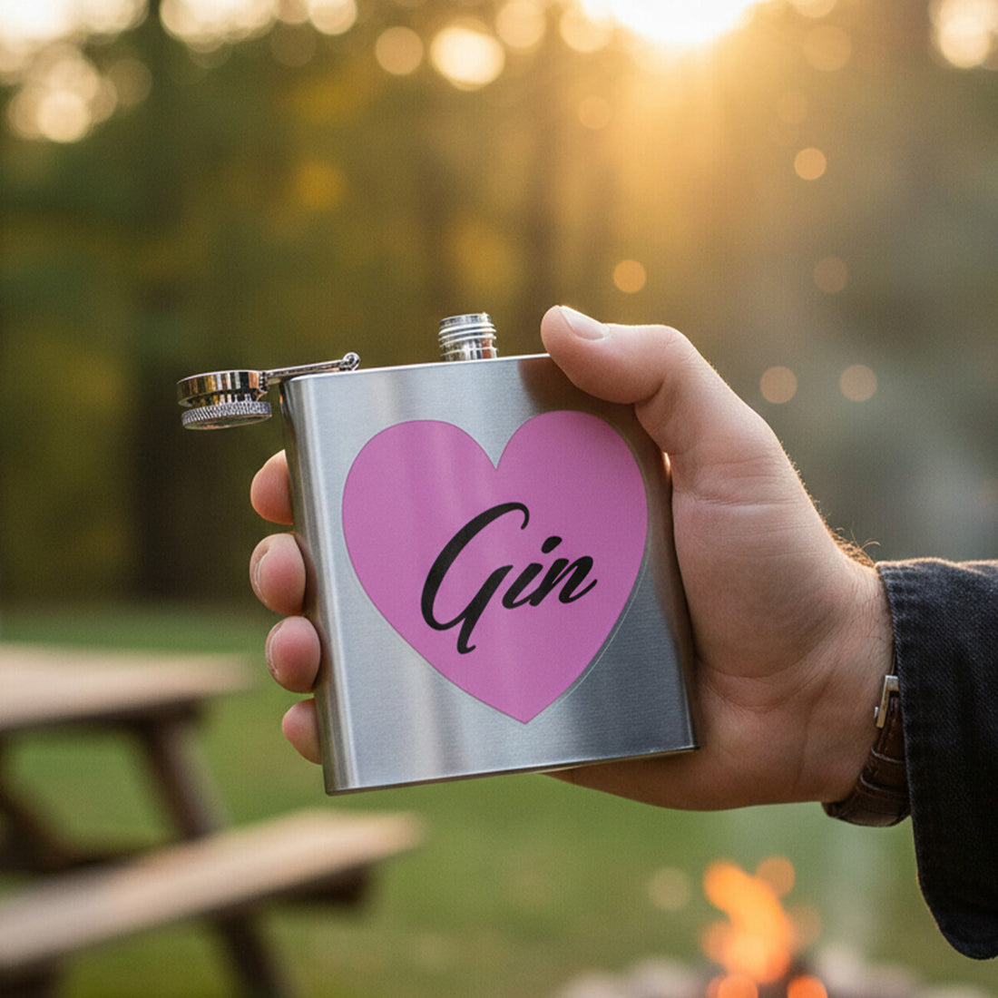 Hand holding a stainless steel flask with a pink heart and &