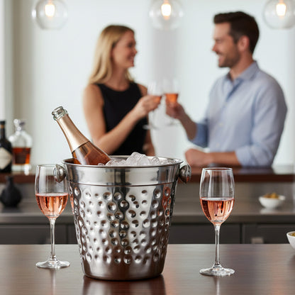 Bottle of champagne in an ice bucket with two glasses on a table, blurred background of a couple enjoying drinks.