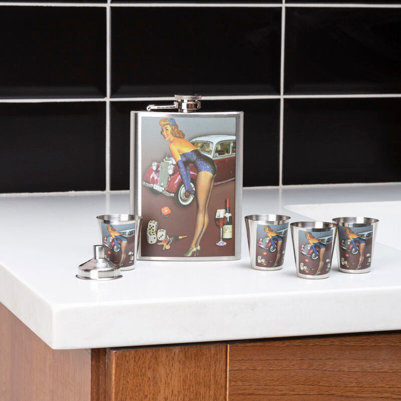 Pinup Hip 8Oz 4 Cups Flask Set