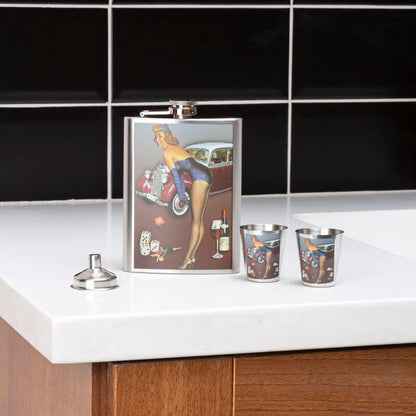 Flask with vintage design on a countertop against a black tiled wall.