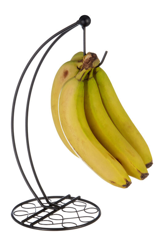 Black metal banana holder with a bunch of bananas on a white background