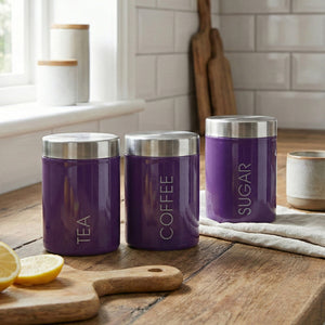 Purple Enamel Tea Coffee And Sugar Set