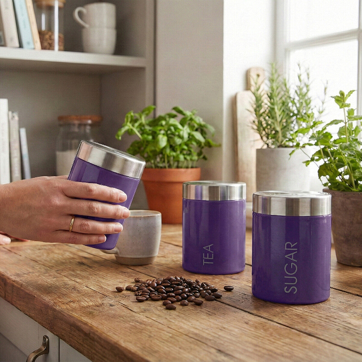 Purple Enamel Tea Coffee And Sugar Set