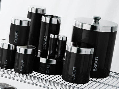 Liberty Black Enamel Biscuit Canister With Silver Lid