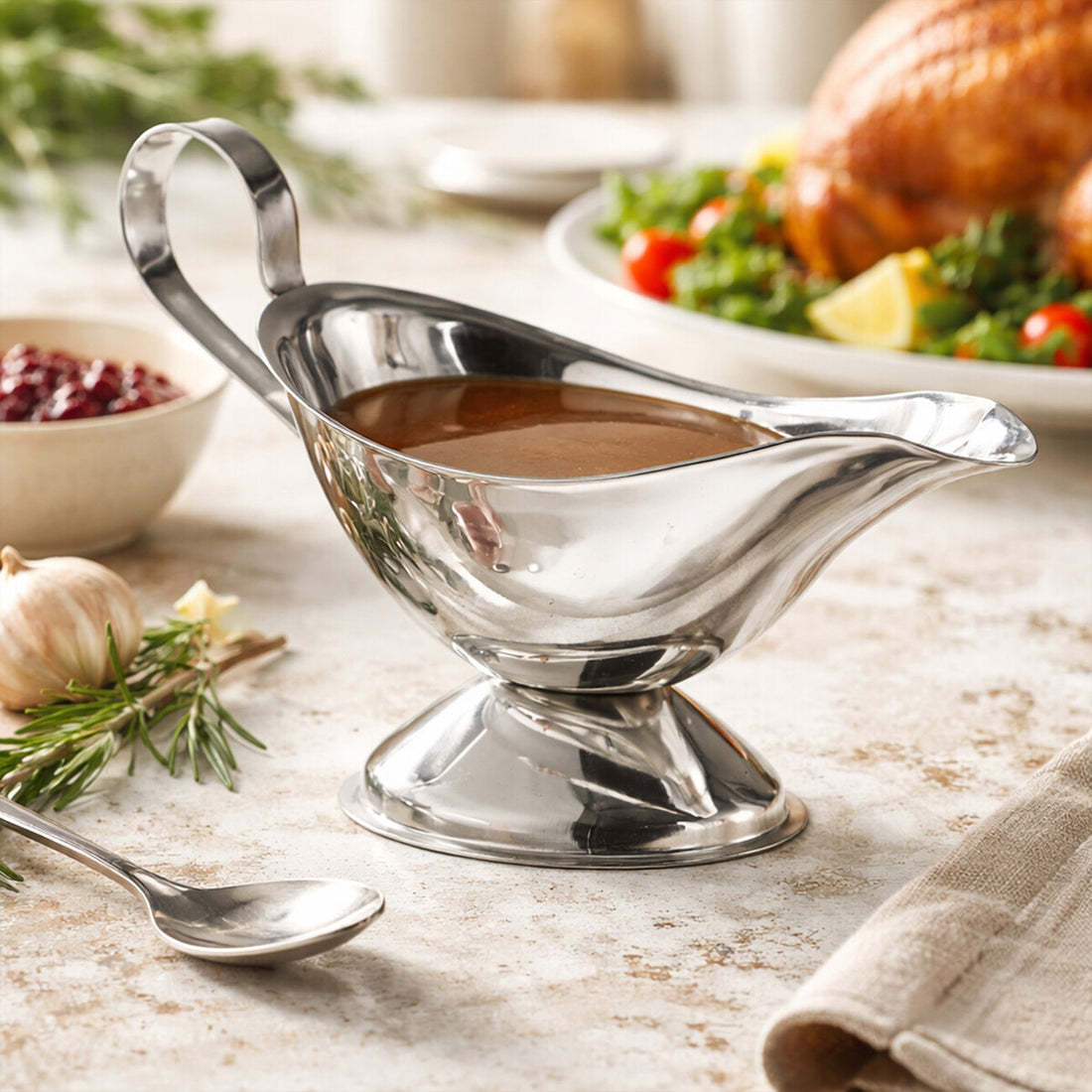 Silver gravy boat filled with brown sauce on a table with a roasted turkey and side dishes.