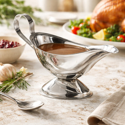 Silver gravy boat filled with brown sauce on a table with a roasted turkey and side dishes.