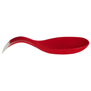 Red plastic spoon on a white background