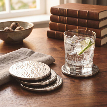 Set of Four Hammered Effect Stainless Steel Coasters | Mixology