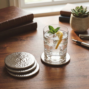 Set of Four Hammered Effect Stainless Steel Coasters | Mixology