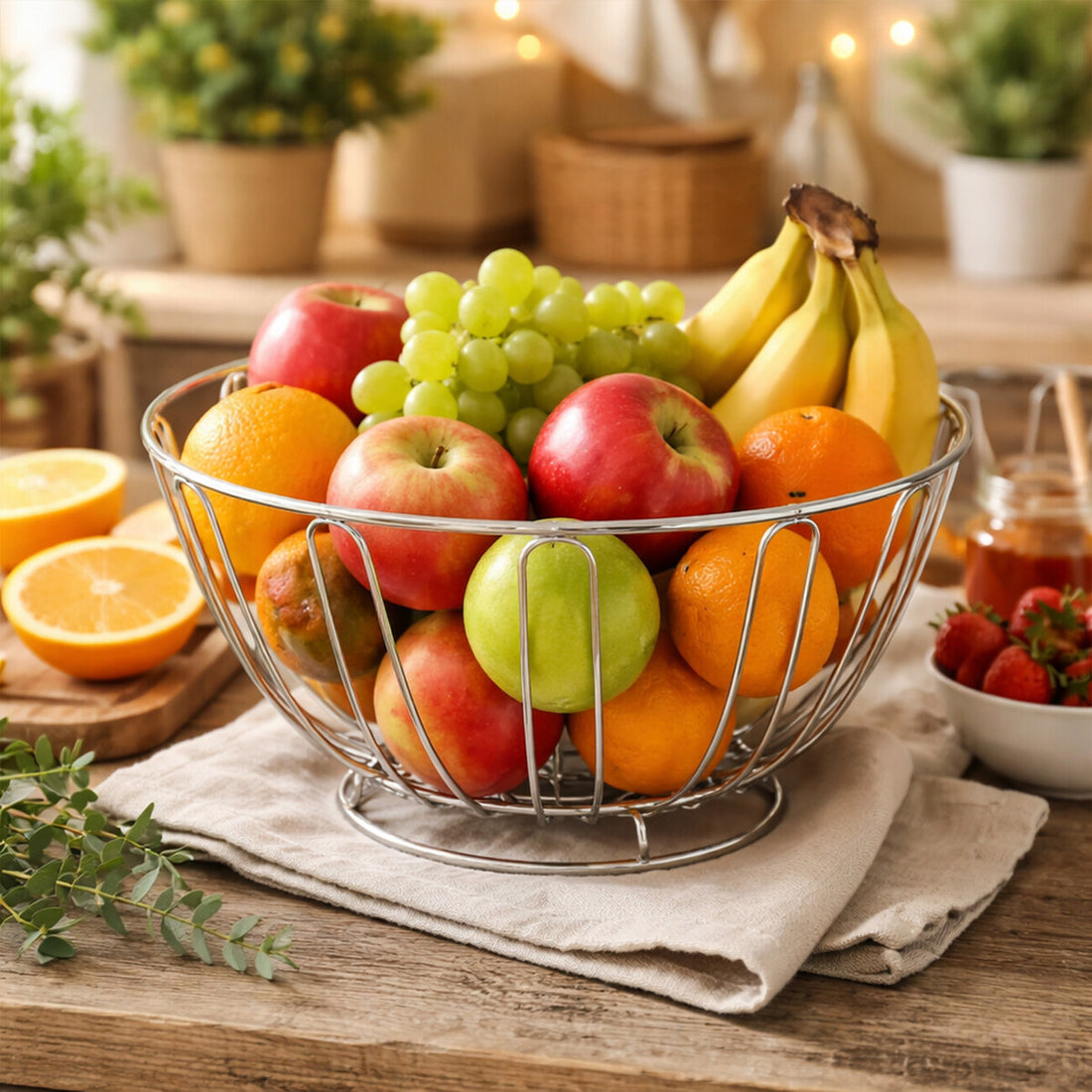 Fruit bowl with apples, oranges, bananas, and grapes on a wooden table.