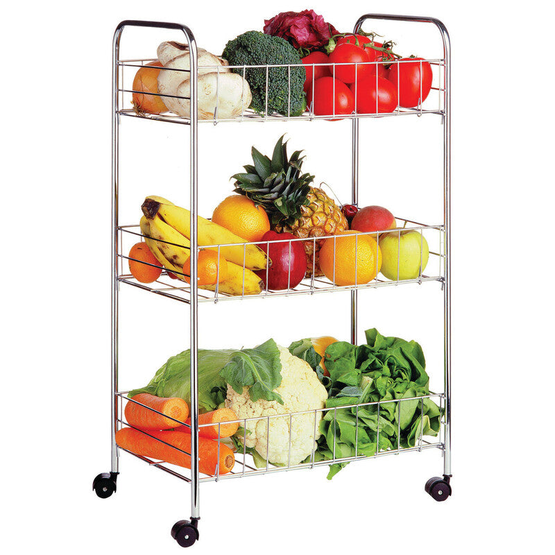 Metal rolling cart with produce on a white background