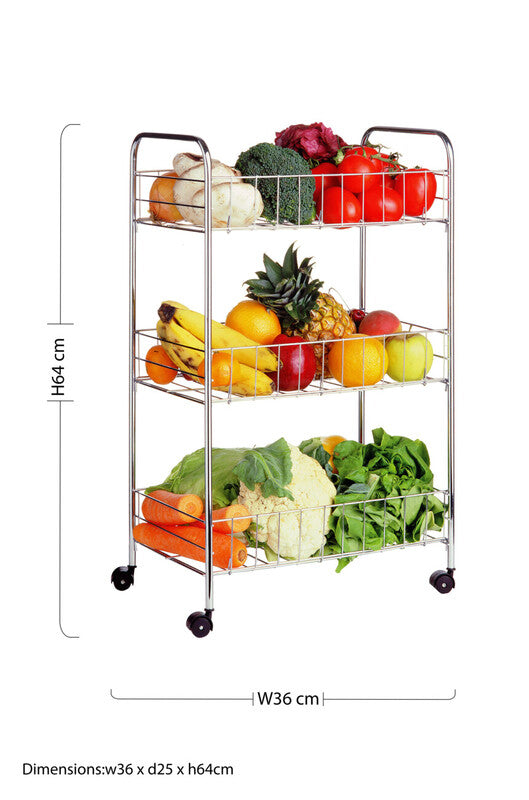 Three-tiered metal rolling cart with vegetables and fruits, showing dimensions on a white background.
