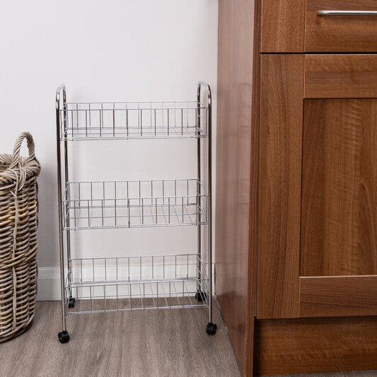 Wooden cabinet with a wire rack and wicker basket in a bathroom setting.