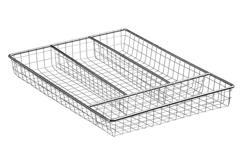 Wire mesh storage basket with two compartments on a white background