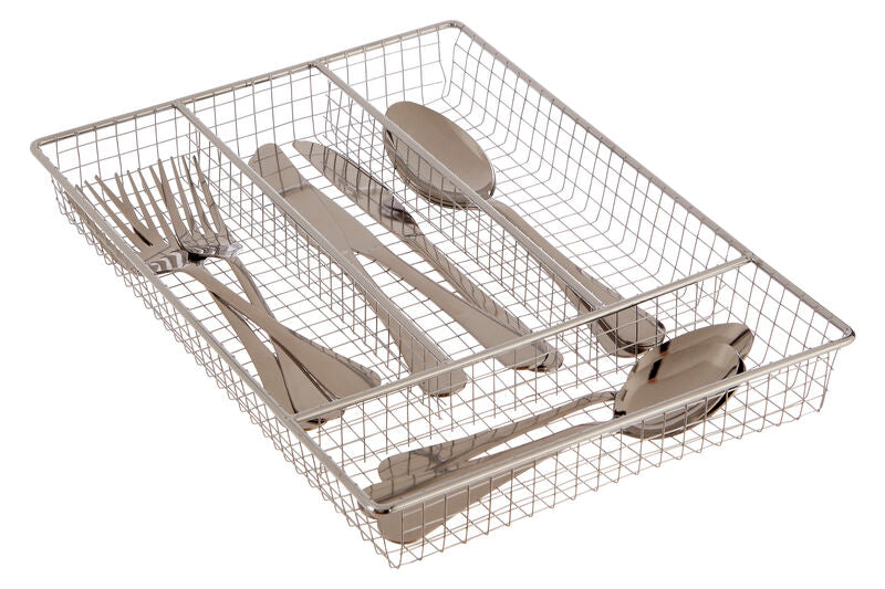 Metal mesh utensil holder with kitchen utensils on a white background