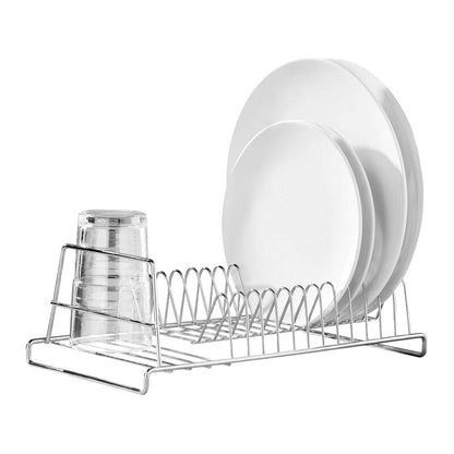 Dish rack with white plates and glasses on a white background