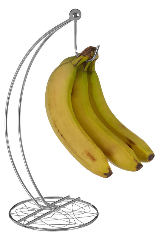 Metal banana holder with bananas on a white background