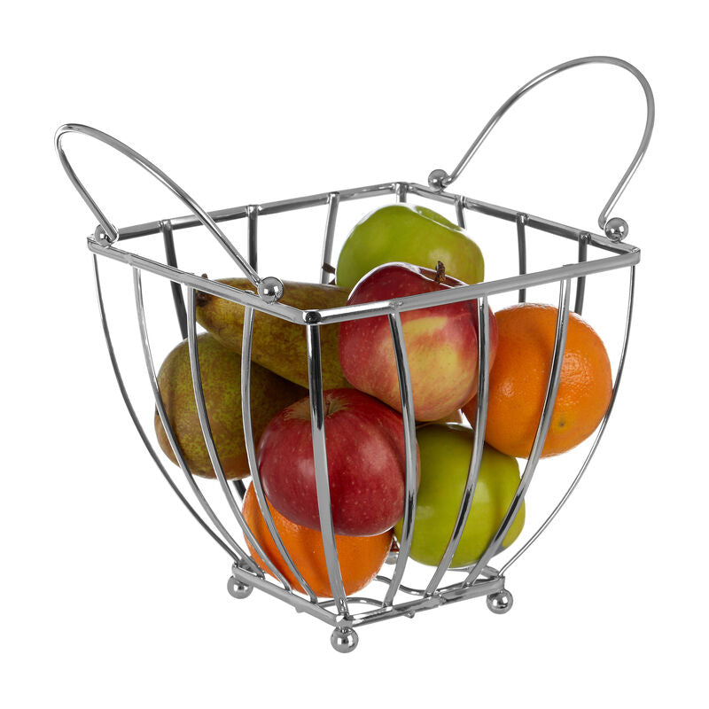 Metal fruit basket with apples and oranges on a white background