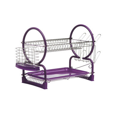 Two-tier metal dish rack with purple metal frame on a white background