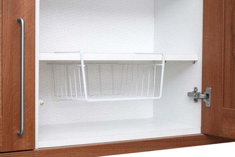 Open wooden cabinet with a white interior and metal rack.