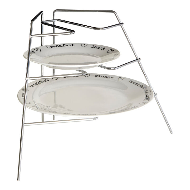 Three-tiered plate stand with labeled plates on a white background