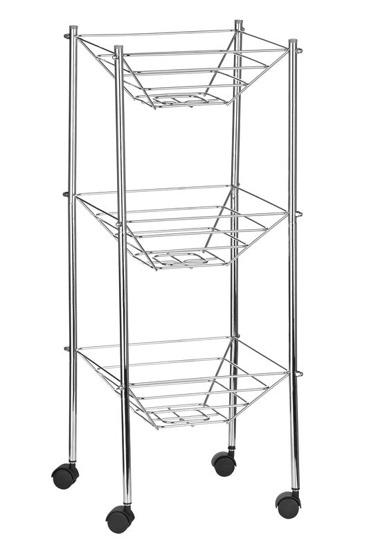 Metal shelving unit with four baskets on wheels against a white background