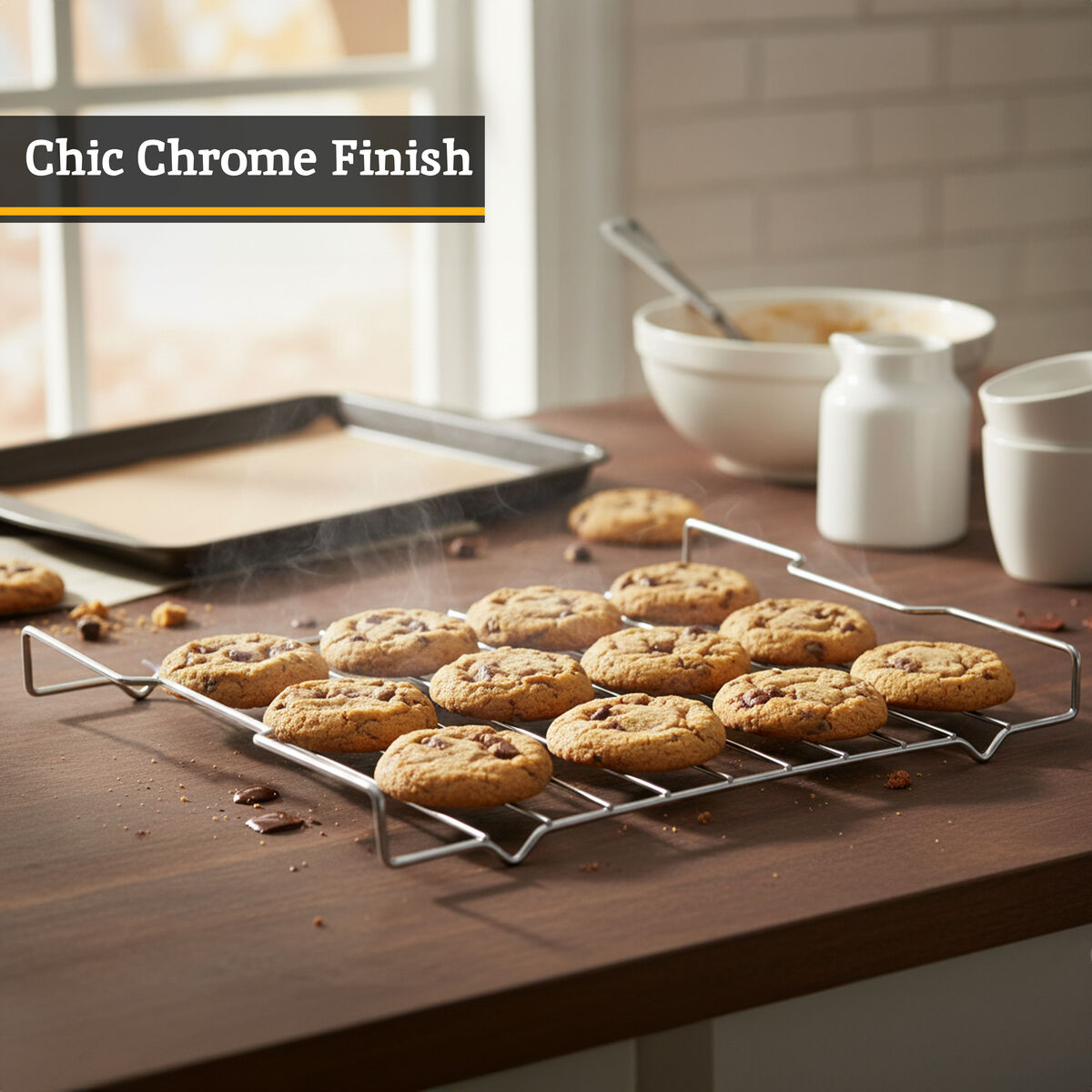 Baked cookies on a cooling rack with a kitchen background